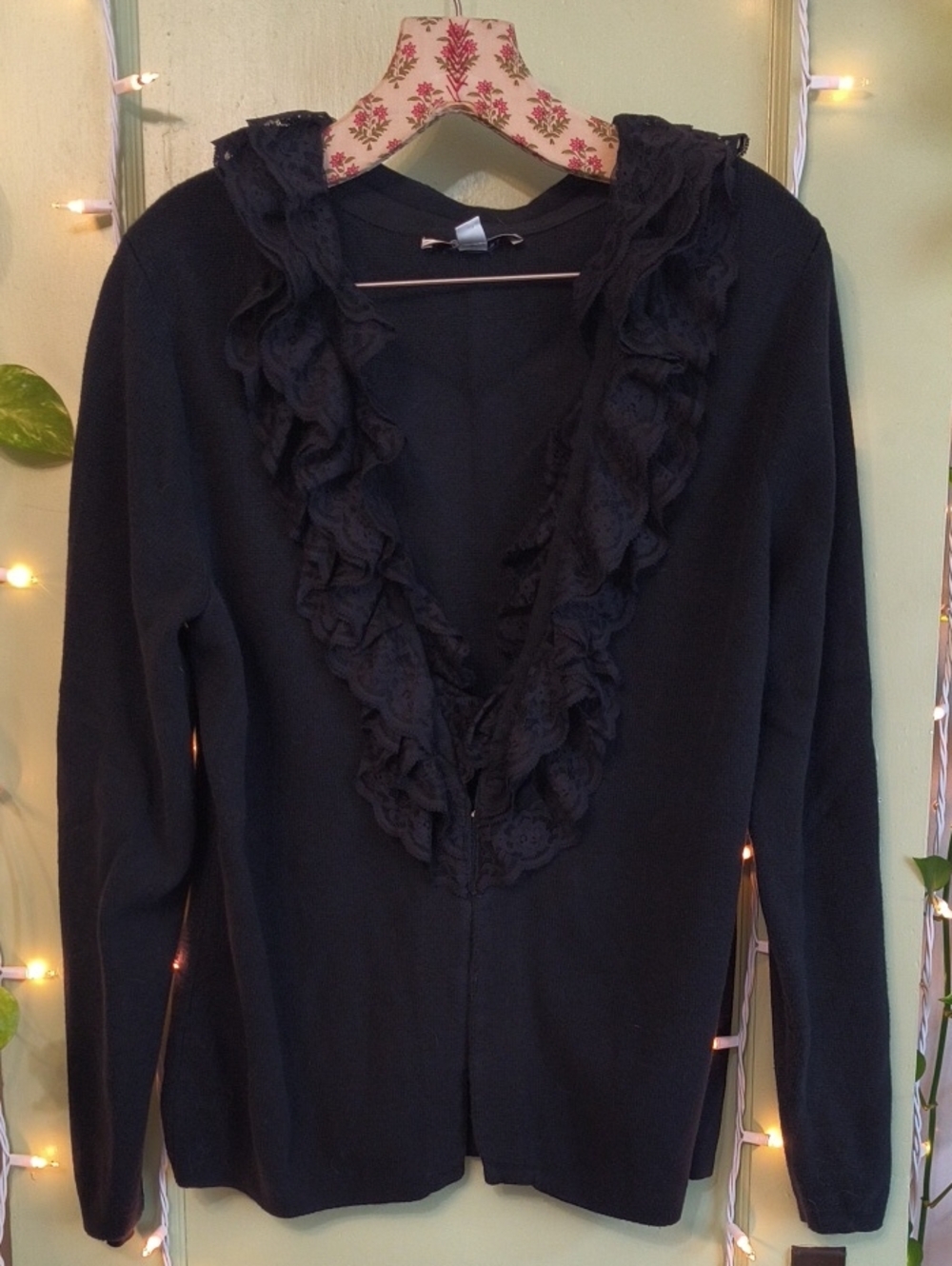 Women's Liz Claiborne Black Lace Ruffle Neck Cardigan Sweater L